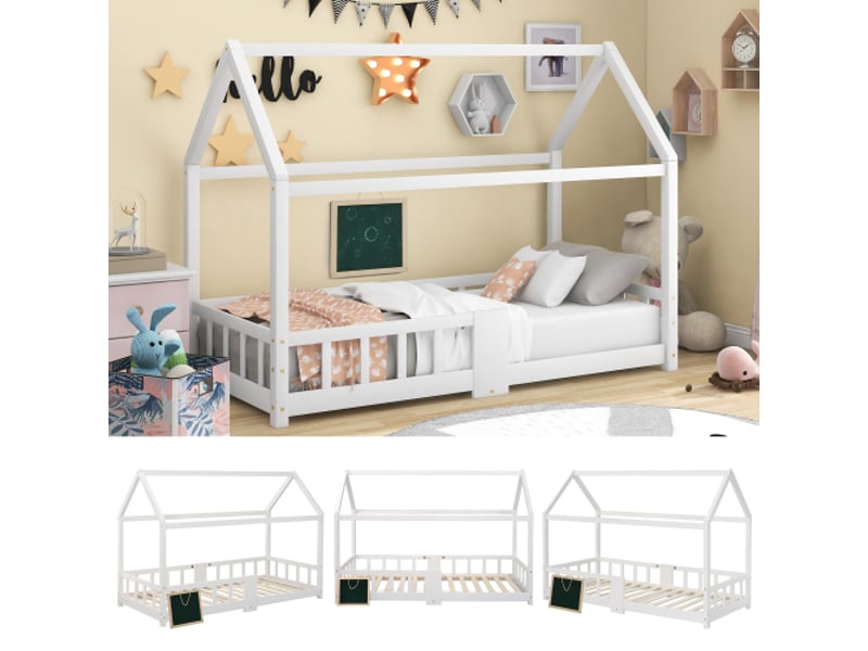 Lit cabane enfant 90 x 200 cm avec un tableau noir et clôture, bois + mdf, blanc, sans matelas - Conforama R