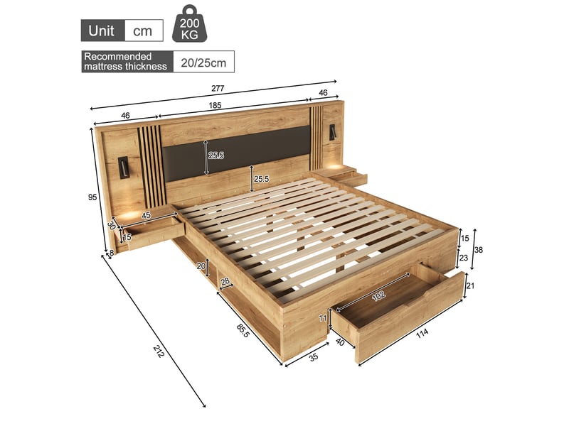  Lit coffre modenvie 180 x 200 cm avec matelas sommier inclus liseuses 2 tables de chevet tiroir rangement coloris naturel  - Conforama C