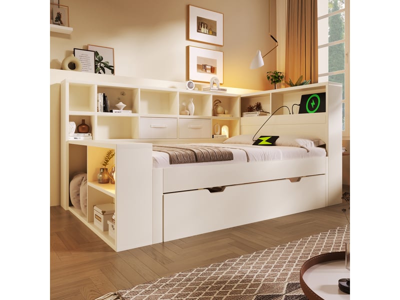 Lit gigogne 90x190 blanc en bois avec lit d'appoint et rangement intégré, ports usbtype-c - Conforama B