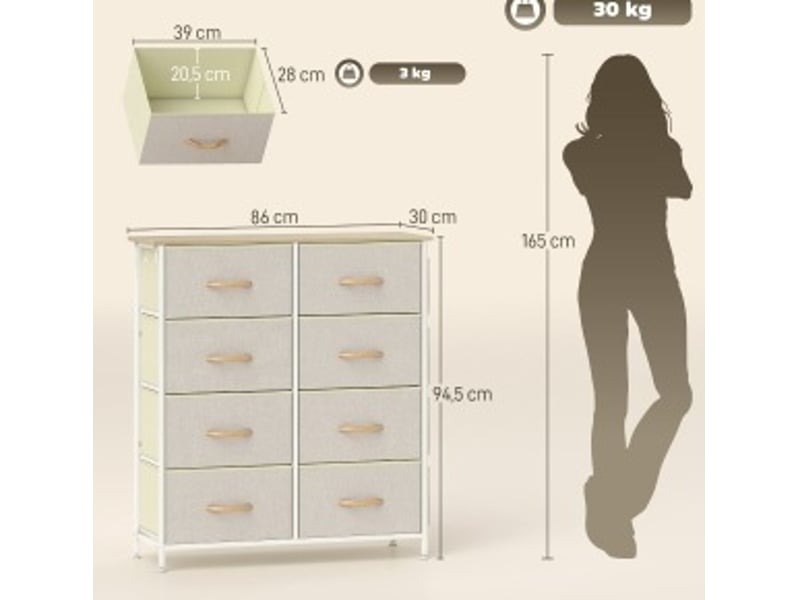 Commode de chambre beige à 8 tiroirs en tissu avec rangement latéral, 86 x 30 x 94,5 cm - Conforama D