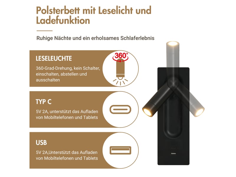  Lit 2 personnes 160x200 cm avec 2 tables de chevet et 4 tiroirs, tête de lit en velours avec lampe de lecture et recharge usb, beige  - Conforama R