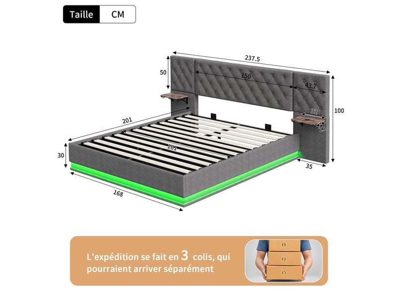 Lit 160x200cm - lit coffre 160x200 - lit double led avec tête de lit large et tables de chevet intégrées - en lin gris  - Conforama E