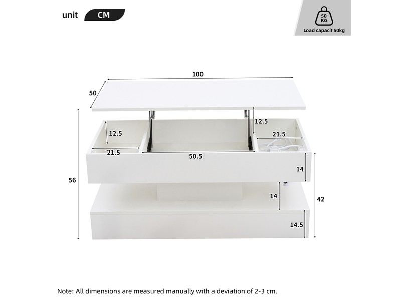  Table basse relevable avec plateau réglable, led et rangement caché avec prises, en panneau de particules, blanc - uvrion  - Conforama E