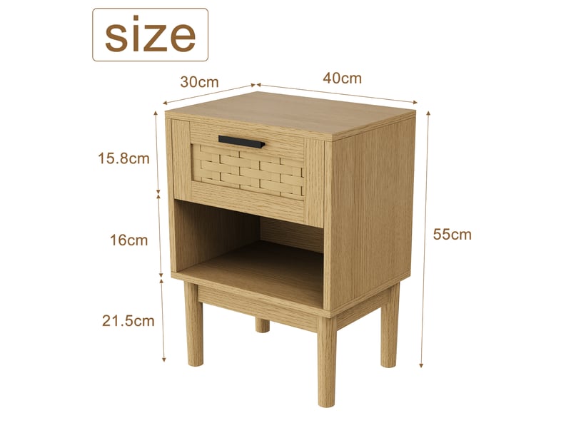 Lot de 2 tables de chevet en effet chêne et cannage - 40x30x55 cm - 1 tiroir et 1 niche ouverte - style bohème et naturel - Conforama B