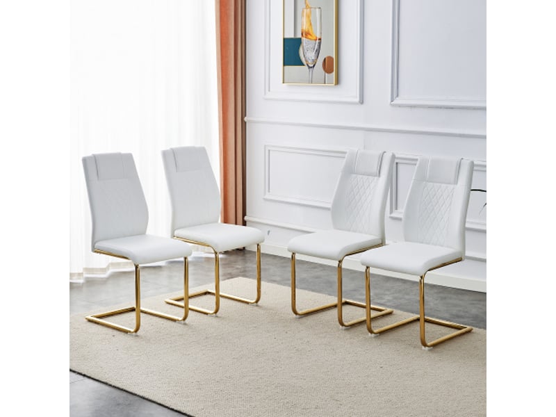  Chaises scandinaves blanches pu - lot de 4, dossier filet, pieds dorés en métal, patins antidérapants - design chic  - Conforama B