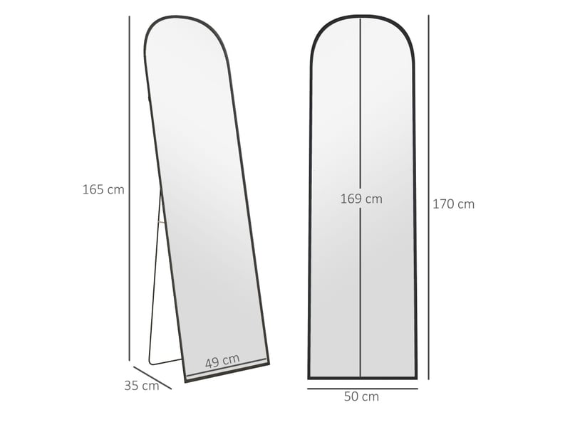  Miroir simple sur pied arqué en verre sécurisé avec cadre en aluminium noir, à poser ou fixer au mur 169 × 49 cm  - Conforama E