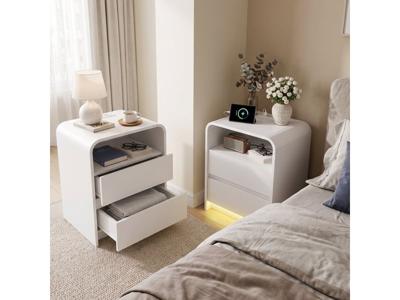  Lot de 2 tables de chevet avec 2 tiroirs, station de charge et led, table de nuit, style moderne, blanc  - Conforama B