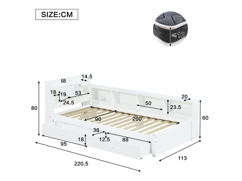 Lit simple 90x200 cm – blanc – rangement tête de lit, éclairage, prise de charge et 2 tiroirs - sans matelas - Conforama C