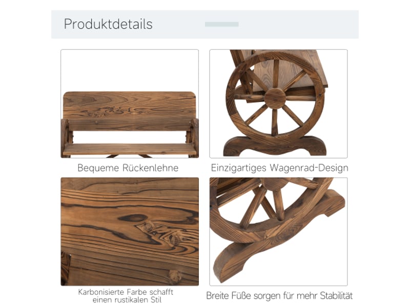  Banc de jardin 2 places en bois massif, accoudoirs, roues décoratives, 250 kg, 114x58x80 cm, marron  - Conforama C