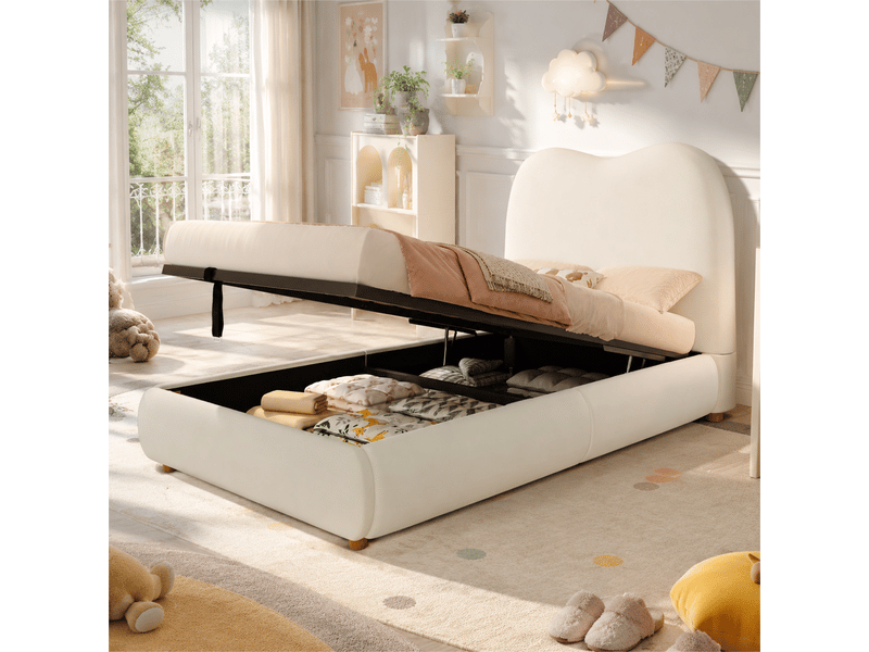  Lit enfant rembourré 90x200 cm avec grand coffre hydraulique, lit simple avec sommier à lattes, tête de lit épaisse et angles arrondis, velours, beige Seren Glow - Conforama B