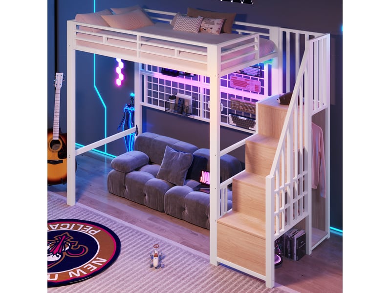  Modenvie lit mezzanine 90x200 cm - avec armoire echelle, eclairage led 7 couleurs, sans matelas - blanc  - Conforama B