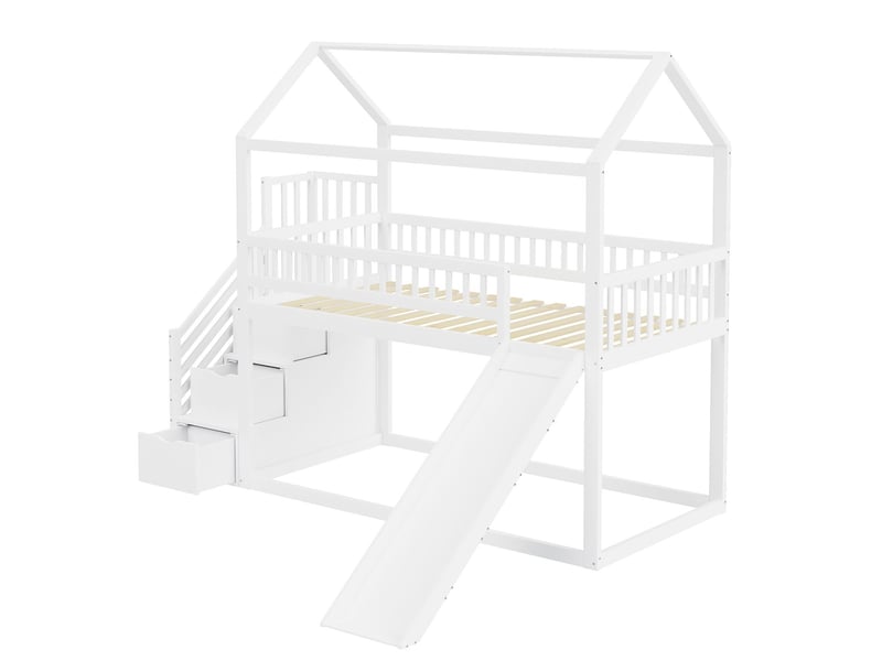  Lit mezzanine 90x200cm escalier de rangement - lit cabane enfant -  sommier, barrières de sécurité, blanc  - Conforama E