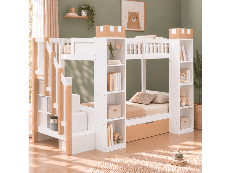 Lit superposé 90x200 cm, escalier de rangement et tiroir, en bois, blanc et naturel, sans matelas - Conforama E