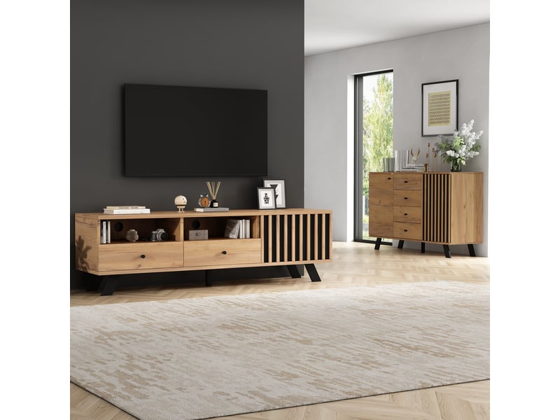  Ensemble de salon en bois massif noir (buffet de 120 cm + meuble tv de 150 cm), 5 niveaux de rangement, meuble tv  - Conforama A