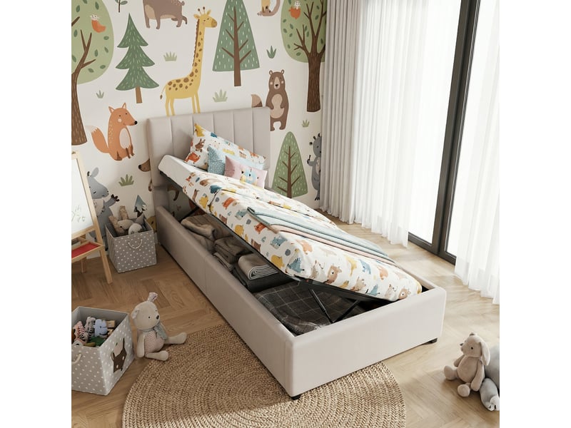  Lit simple rembourré 90x200 cm, lit enfant avec coffre de rangement hydraulique, tête de lit réglable en hauteur, beige  - Conforama B