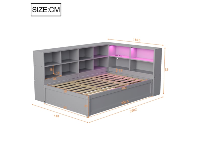 Lit multifonctionnel 90x200 cm, bois, rangements, éclairage led et prise, gris, sans matelas - Conforama C