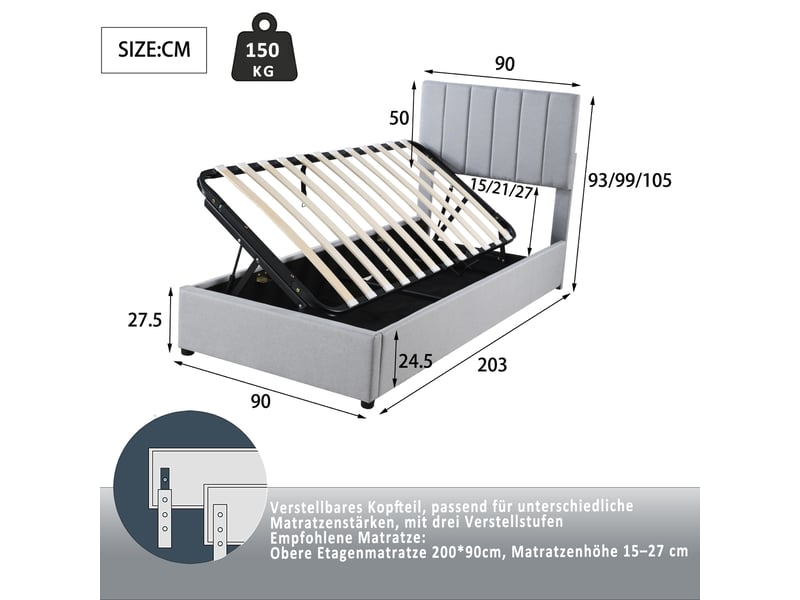 Lit enfant 90x200 cm avec coffre de rangement hydraulique, lit capitonné en lin, tête de lit rayée, sommier à lattes - gris (sans matelas) - Conforama E