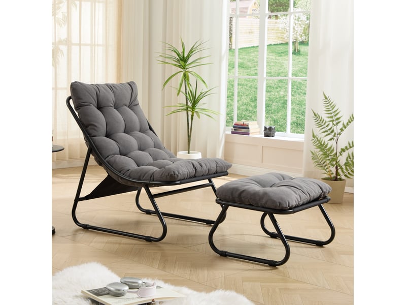 Chaise longue d'extérieur avec repose-pieds 65x78x86 cm style moderne métal gris et noir - Conforama E