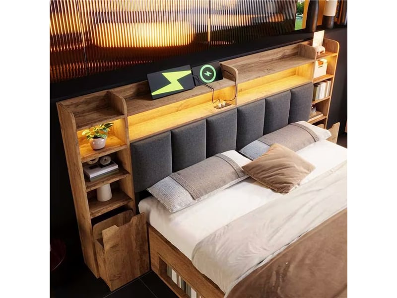  Lit double 180x200 avec rangement - tête de lit led - tables de chevet avec usb et usb-c - sans matelas  - Conforama E