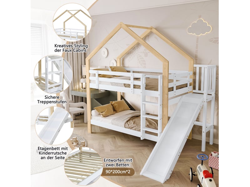 Lit superposé enfant 90x200 cm – blanc et naturel – maison avec toboggan et échelle 3 marches – sans matelas - Conforama E