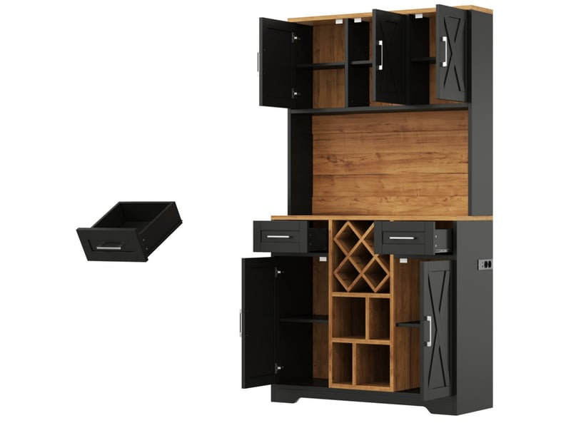  Buffet de cuisine en mdf 105x40x180 cm, 2 tiroirs, casier à bouteilles amovible, led et prises usb pour salle à manger  - Conforama C