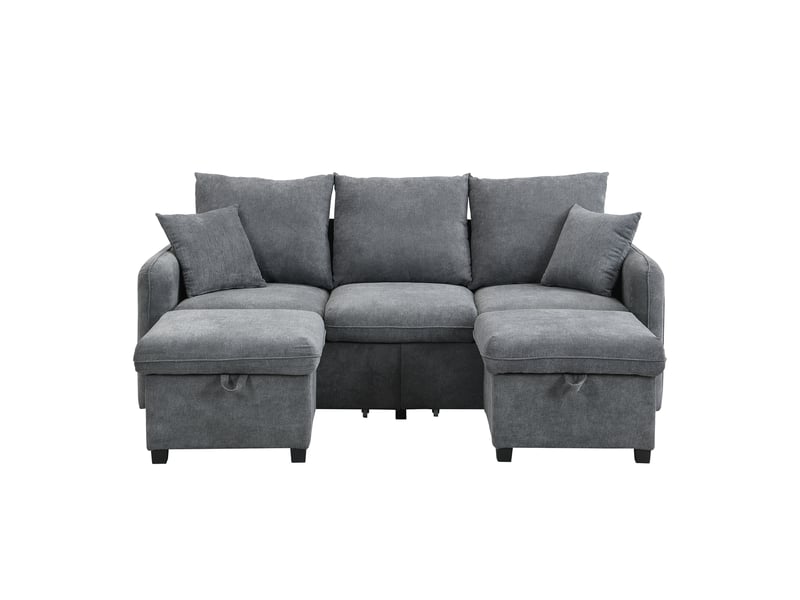 Canapé d'angle panoramique convertible 3 places 188 cm en chenille gris foncé, 2 poufs coffres et tiroirs Fay Lum - Conforama A
