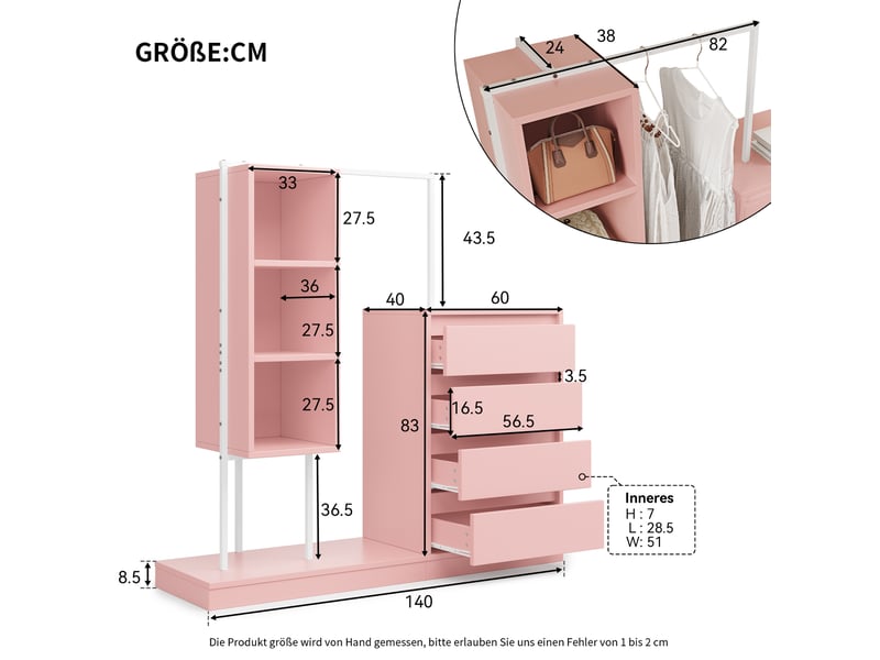  Armoire avec tiroirs 140x40x135 cm panneau de particules rose et blanc avec tringle et espaces de rangement  - Conforama C