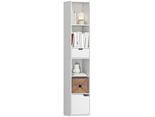 Bibliothèque, étagère à livres, meuble de rangement avec tiroir placard compartiments ouvertes, 30 x 24 x 158 cm, blanc
