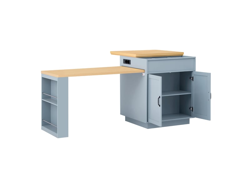 Îlot de cuisine mobile avec table extensible led, mdf bleu, prises intégrées, rangement polyvalent - Conforama D