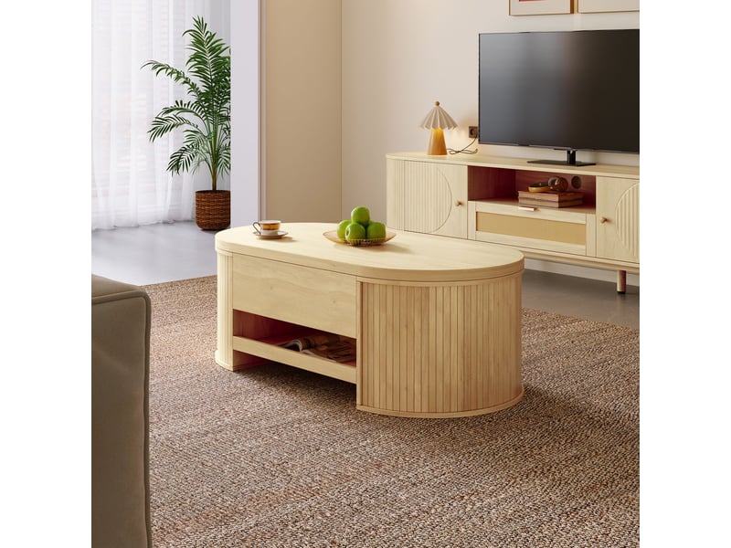  Table basse salon, structure bois côté courbes, plateau relevable, rangement intégré, tablette inférieure extensible  - Conforama A