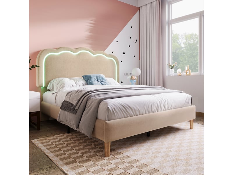  Lit rembourré en lin beige 140x200 cm  - Conforama D
