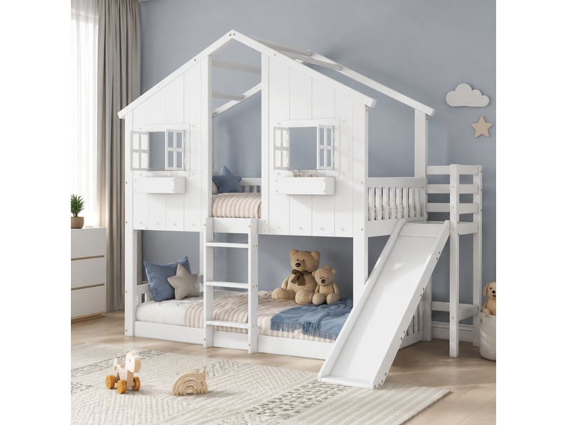  Lit superposé enfant 1 place 90×200 cm toboggan et barrières  - toit, fenêtres, sans matelas, blanc naturel  - Conforama C