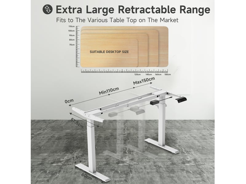  Bureau droit réglable en hauteur avec 4 mémoires, écran led et double moteur, sans plateau, pour chambre en acier blanc  - Conforama B