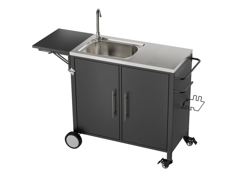  Table barbecue évier îlot cuisine plan rabattable armoire rangement métal chariot roulettes jardin cour pelouse  - Conforama E