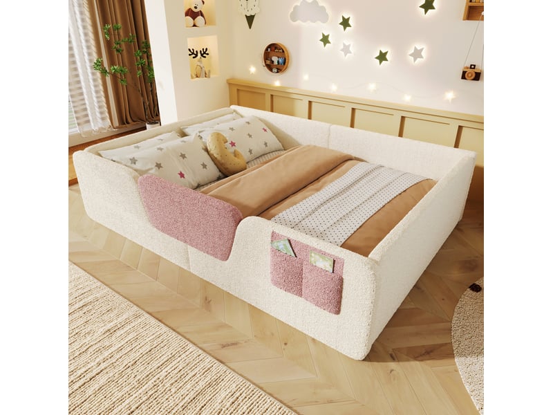  Lit enfant rembourré 140x190 cm avec barrières amovibles coloris beige  - Conforama D