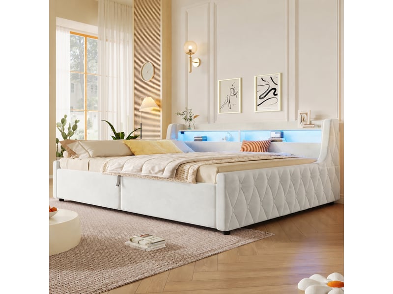  Lit coffre hydraulique 140 x 200 cm en velours beige avec éclairage led multicolore, sans matelas  - Conforama E