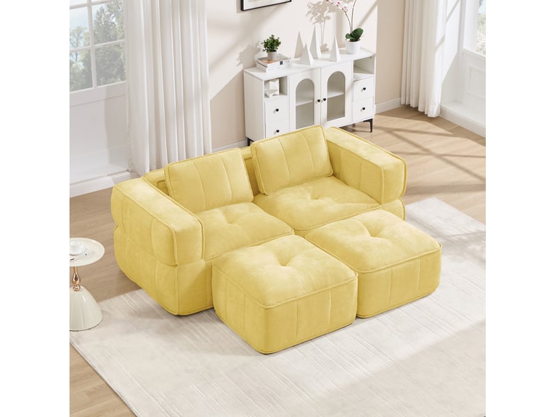 Canapé modulable 2 places modenvie avec 2 poufs, sans montants de soutien, mousse 32d haute densité, assise profonde, tissu polyester jaune - Conforama D
