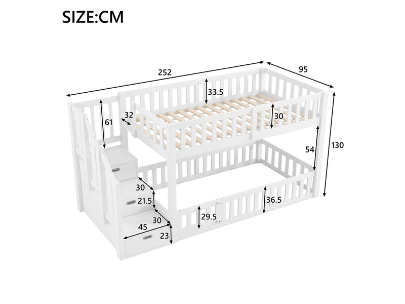  Lit superposé 90x200 cm avec escalier de rangement en pin et mdf blanc  - Conforama E