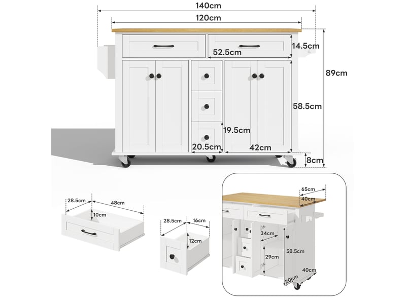  Îlot de cuisine multifonctionnel avec plateau de travail extensible 120×65 cm, 5 tiroirs, placards, support épices et torchons, sur roulettes  - Conforama C