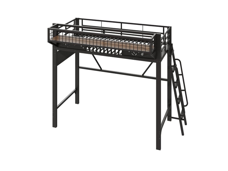 Lit mezzanine 90x200 cm, rangements latéraux et espace ouvert, en métal, noir, sans matelas  - Conforama E