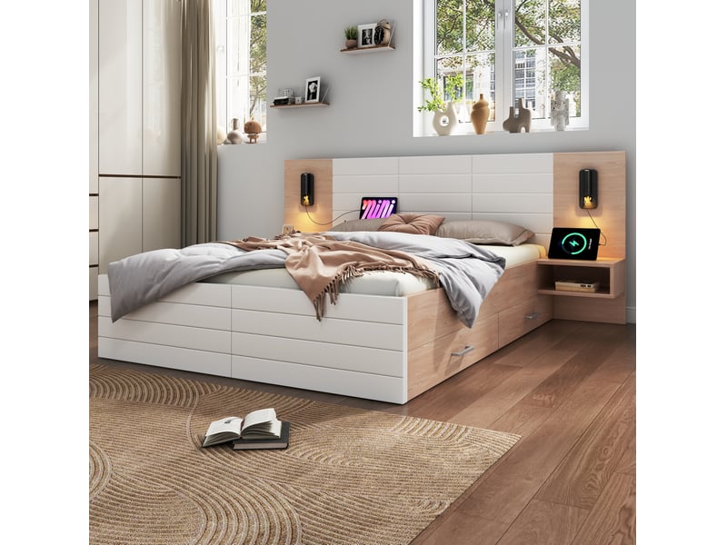  Lit double 180x200 cm avec 2 tiroirs, liseuses et chargeur usb, blanc chêne clair  - Conforama D