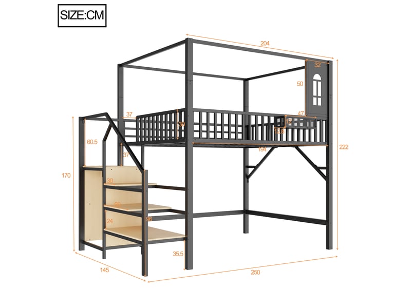 Lit mezzanine 140 x 200 cm, lit enfant surélevé, placard intégré, bureau intégré, échelle, 2 places, structure multifonction, métal, noir Morn Vibe - Conforama C
