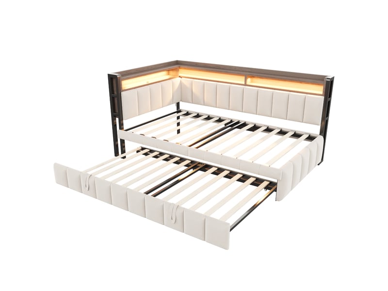  Lit gigogne enfant 90x200 cm beige velours, led réglable, rangements et ports usb type-c  - Conforama D