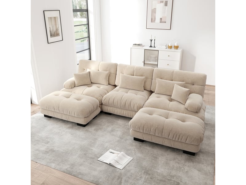  Canapé d'angle, canapé convertible – forme u, assise profonde, marron clair, en chenille, avec pouf, style cloud  - Conforama R