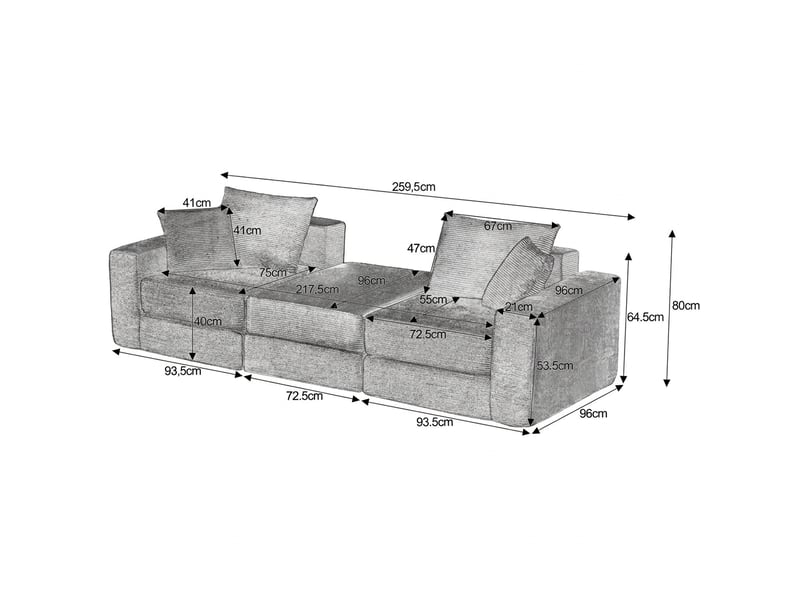  Canapé modulable noir 3 places loveeat cloud sans armature velours côtelé  - Conforama C