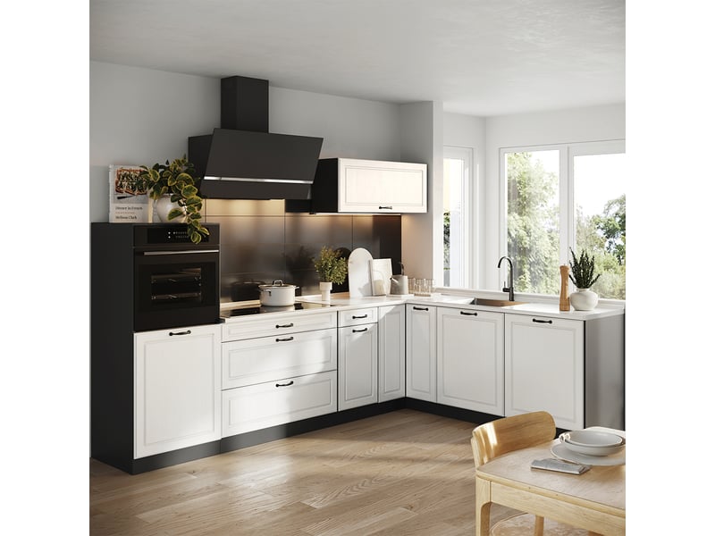  Vicco cuisine en angle, blanc campagneanthracite, 287 x cm plan de travail chêne doré  - Conforama C
