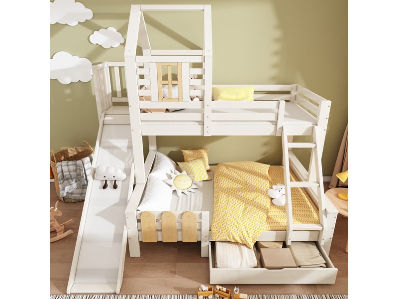  Lit superposé 90x200 et 140x200 cabane avec toboggan, lit avec sommier à lattes, bois massif, blanc et naturel  - Conforama B