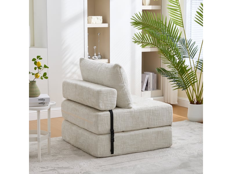  Canapé convertible pliable chenille beige avec coussins, dossier et matelas intégré  - Conforama E