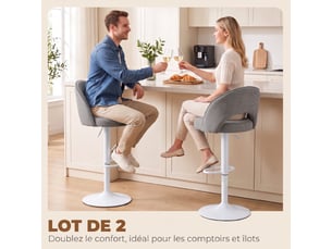 Lot de 2 tabourets de bar, chaises de bar réglables en hauteur, pivotant 360°, assise rembourrée en chenille, gris