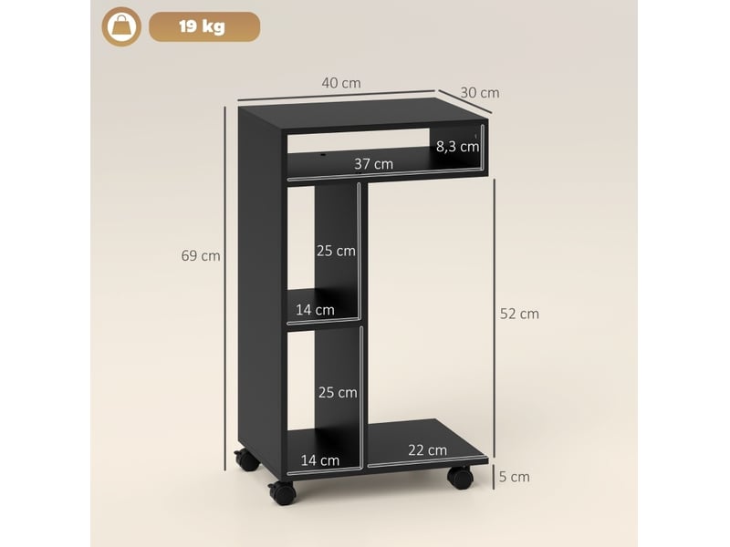  Desserte de cuisine en c avec 3 niches et 4 roulettes dont 2 freinées, rangement ouvert noire 40 × 30 × 69 cm  - Conforama C